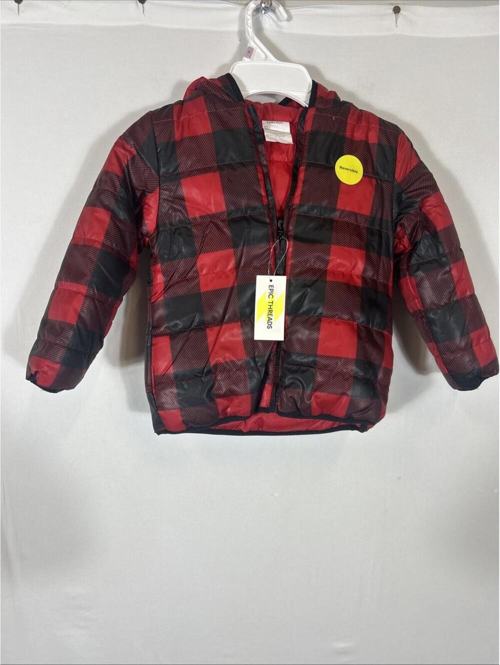 $48 Epic Threads Red And Black Plaid Reversible Puffer Jacket 4T